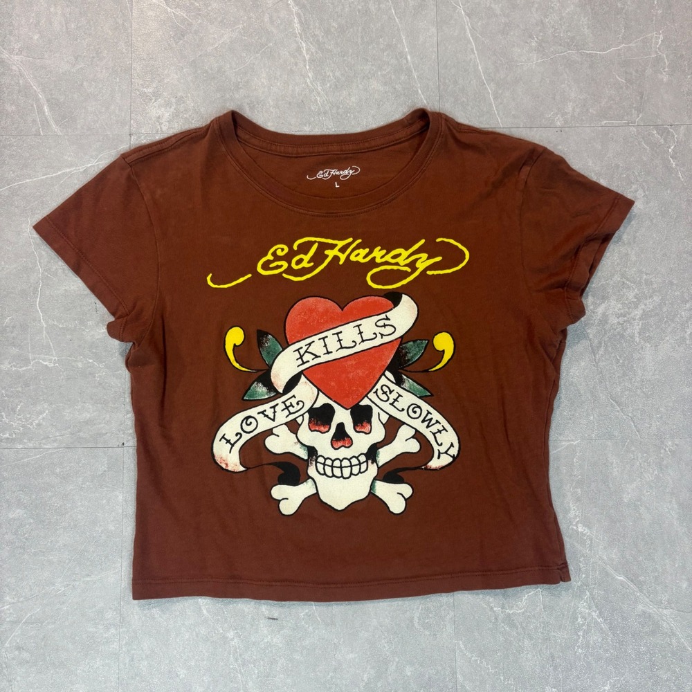 Ed Hardy Womens Love Kills Slowly Brown Graphic Baby Tee Crop‎ Top Large